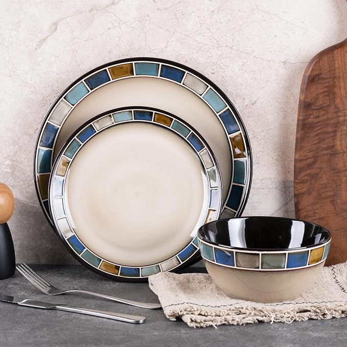 12 Piece Stoneware Dinnerware Set for 4, Vintage Blue & White with Square Rim Handmade Ceramic Plates and Bowls, Scratch Resistant Dish Set, Microwave & Dishwasher Safe Porcelain Kitchen Dishes