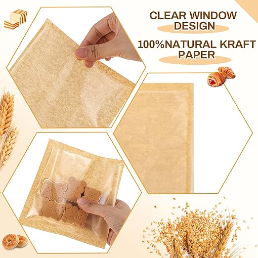 Outus 100 Pcs Cookie Packaging Bags with Seal, 5 x 5 Inch Bakery Pastry Bags with Window, Heat Sealable Grease Resistant Paper to Go Bake Sleeves for Gift Giving Donut Bread Sandwich (Brown)