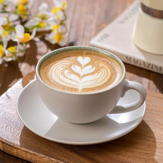 Ceramic Coffee Cup and Saucer Set, 10oz Speckled Sage Green Inner Latte Art Mug, Barista Cappuccino Tea Cup, Microwave & Dishwasher Safe, Modern Home Cafe Gift, Matte Grayish White