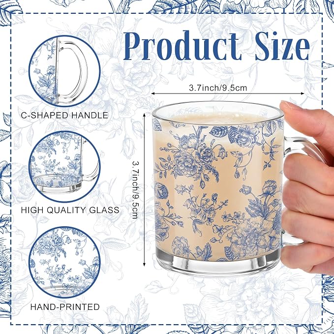 Willinglong 4 Pcs Blue Floral Glass Coffee Mugs 12oz Blue and White Flower Chinoiserie Cups with Handle Spring Summer Drinking Cups Gift for Bridal and Baby Shower Tea Garden Birthday Wedding Party
