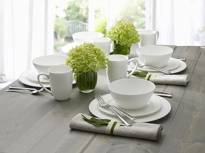 Mikasa Trellis 16-Piece Bone China Dinnerware Set, White, Includes Dinner Plates, Salad Plates, Cereal Bowls and Mugs, Dishwasher Safe