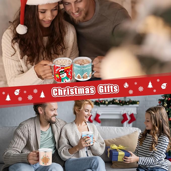 Sliner 12 Pcs Christmas Enamel Mugs, 12 oz Coffee Mugs Bulk Hot Chocolate Mug Set Cute Enamel Tea Cups Winter Holiday Christmas Employee Gift for Family Coworkers (Gingerbread Carnival)