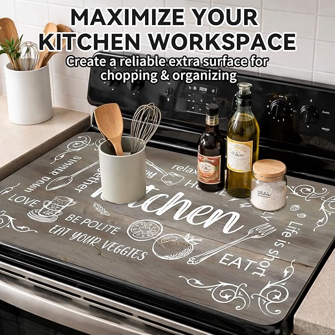 Decorative Stove Top Covers for Electric Stove 28"x20" – Heat Resistant Glass Cooktop Protector Dish Drying Mat – Non-Slip Rubber Backing Washer Top Cover Waterproof Extra Counter Space (Kitchen 4)
