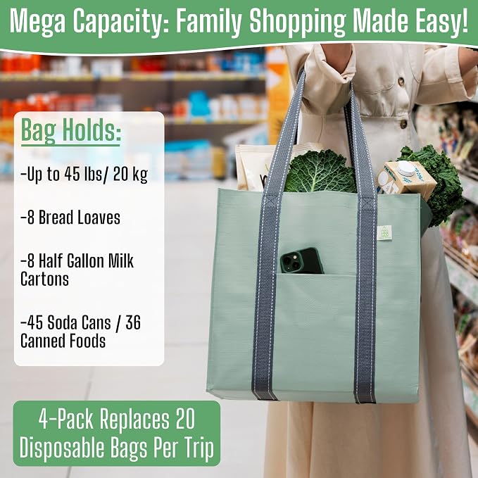 VENO 4 Pack Reusable Grocery Bags, Heavy-Duty Shopping Bags with Handles, Bags for Shopping Cart with Hard Bottom to Stand Upright, Foldable, Multi-Purpose(Light Green, 4 Pack)