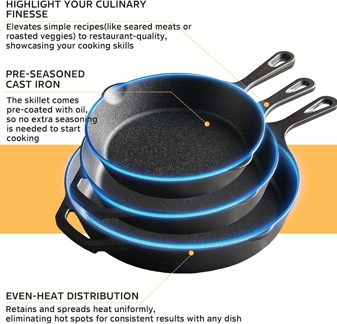 EWFEN Cast Iron Skillet 8 Inch, Pre-Seasoned Frying Pan, Heavy-Duty Professional Restaurant Chef Quality Cookware with Drip Spout, Indoor & Outdoor Use, Compatible with Oven, Stove, Grill & Campfire