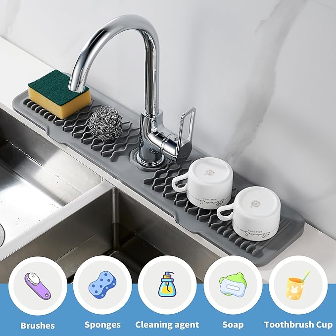 24 inch Silicone Splash Guard Kitchen Sink Gray Mat Dish Drying Mats Non-Slip Sponge Holder Bathroom Countertop Protect Kitchen Sink Splatter Screen Faucet Air Drying Mat Drip Catcher Tray