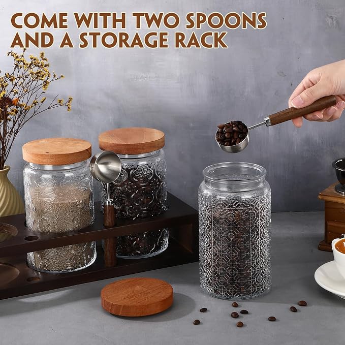 Suclain 3 Pcs 34 oz Glass Coffee Grounds Container with Shelf Glass Coffee Bean Storage Canisters with Airtight Lid and Measuring Spoon Food Storage Jars for Kitchen Sugar (Elegant Style)