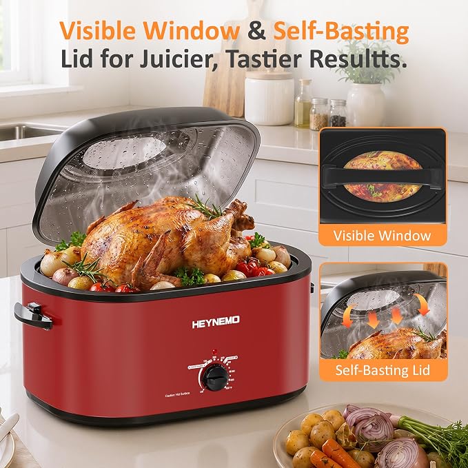 30 Quart Large Turkey Roaster with Defrost & Warm Functions, Electric Roaster Oven with Visible Self-Basting Lid, Adjustable Temperature Control, Removable Pan & Rack, Stainless Steel, Red