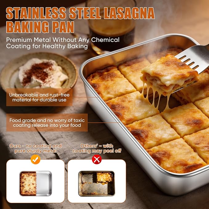 E-far Mini Lasagna Pan, Stainless Steel Rectangular Baking Pan, 9x7x2 Inch Sheet Cake Pan Metal Bakeware Toaster Oven Tray for Brownie Casserole, Deep Side & Heavy Duty, Anti-Rust & Dishwasher Safe