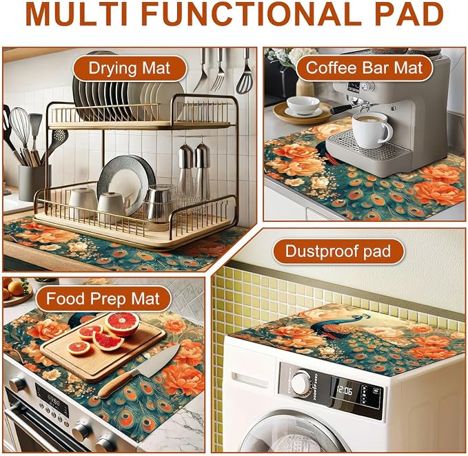 HOMETITUTE Stove Top Cover for Electric Stove 28x20 Inch Diatomite Dish Drying Mat Glass Top Burner Protector Kitchen Counter Mat Peacock Kitchen Decor Stove Pad Stove Top Mat