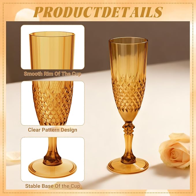 Plastic Champagne Flutes, Champagne Glasses Bulk, Reusable Unbreakable Acrylic Wine Glasses Goblets for Weddings Bachelor Parties Toasting Bridal Shower (12,Amber)