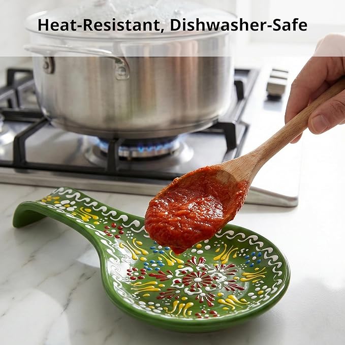 BCS Ceramic Spoon Rest, Large 9” Hand Painted Spoon Holder for Stove Top & Kitchen Counter, Dishwasher Safe & Heat Resistant Utensil Holder, Floral Kitchen Decor, Handmade Pottery