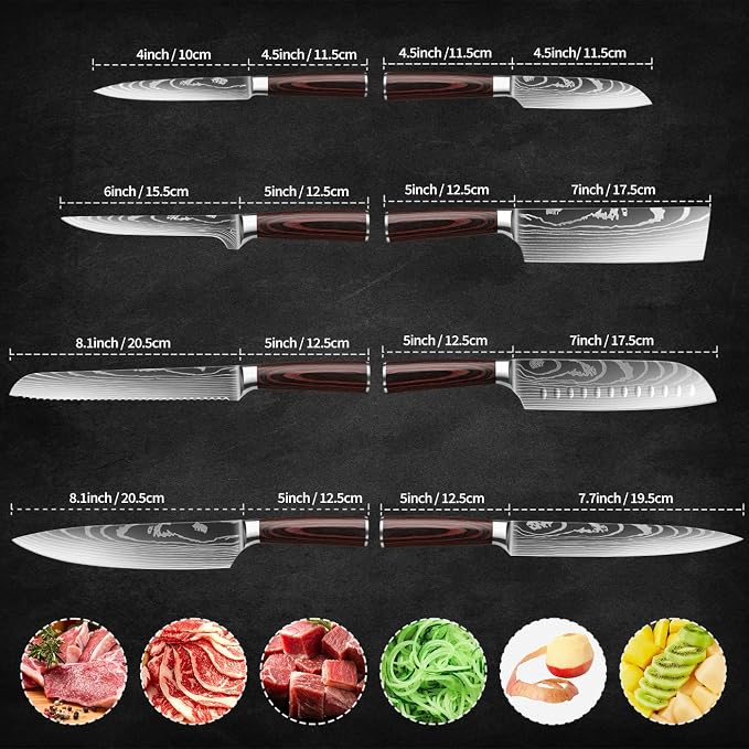 8-Piece Premium Japanese Kitchen Knife Set - Star Collection, Laser Damascus Pattern, 440A Stainless Steel Ultra Sharp for Fast Cutting (Redwood 8J)