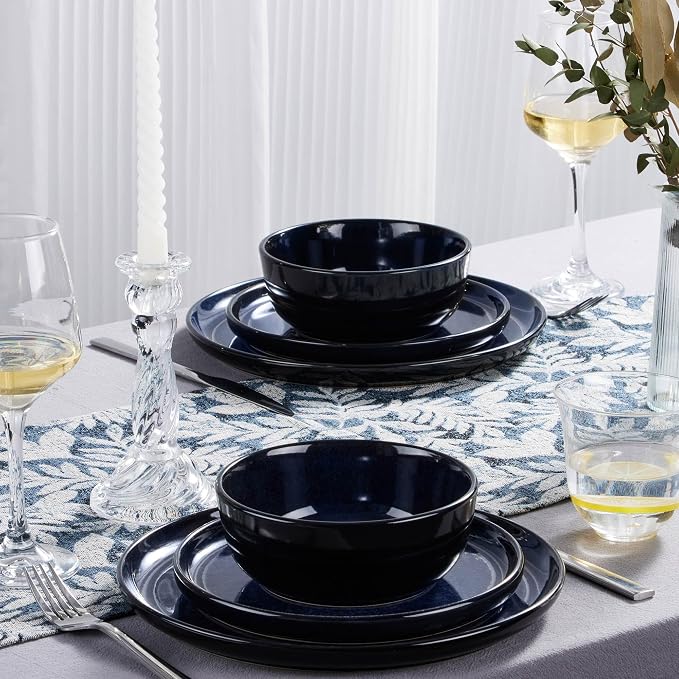 LIANYU Ceramic Plates and Bowls for 4, 12 Piece Modern Porcelain Dinnerware Dishes Sets, Chip and Scratch Resistant Dishware Set, Dishwasher & Microwave Safe Stoneware Set, Midnight Blue