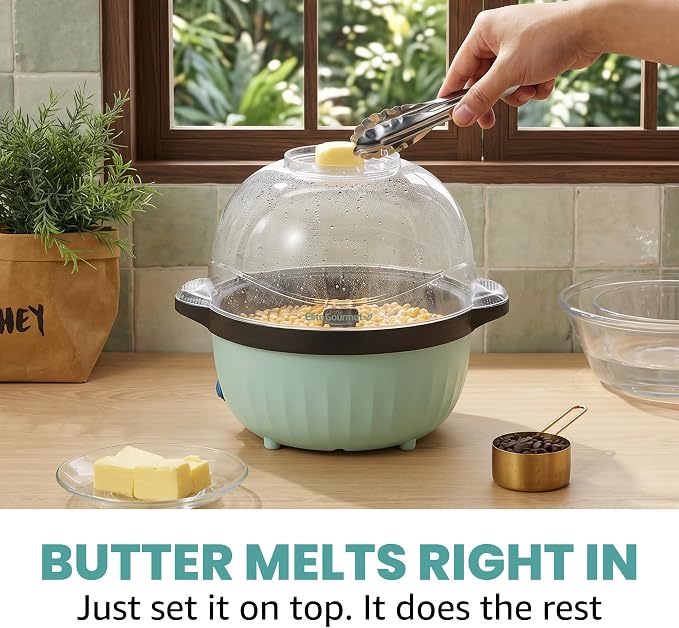 Elite Gourmet 4.5Qt. Stirring Popcorn Maker with Ceramic Coated Plate, Stirring Rod, Clear Cover Doubles as Serving Bowl, Butter Melting Tray, Up to 18 Cups, Makes Fresh Buttery Popcorn, Mint