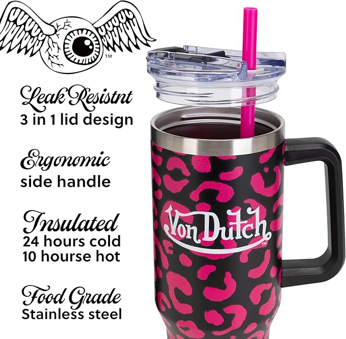 Von Dutch Hot Pink Cheetah 40oz Double Walled Insulated Food Grade Stainless Steel Tumbler, BPA Free - 24 Hours Cold / 10 Hours Hot