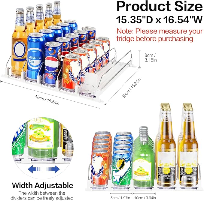 Drink Organizer for Fridge, Automatic Pusher Drink Dispenser for Refrigerator, Soda Can Organizer for Beer Beverage Holds up to 25-5Row (15.3" D x 16.54" W)