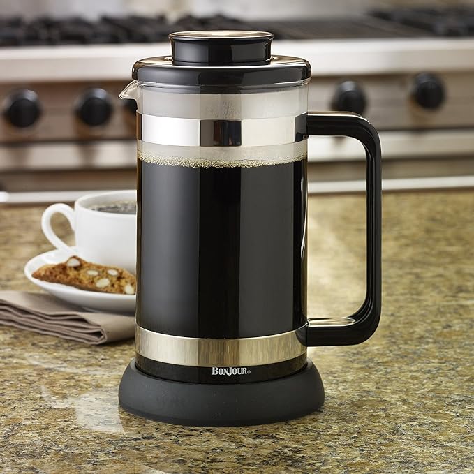 BonJour Coffee Borosilicate Glass French Press with Coaster & Scoop, 33.8-Ounce, Riviera, Black