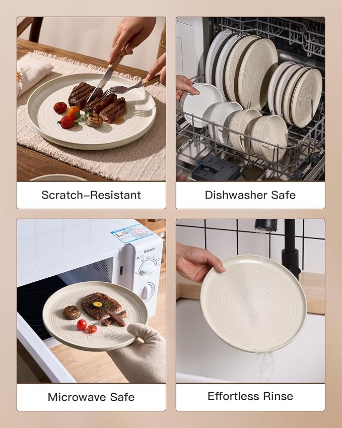 12-Piece Reactive Glaze Stoneware Dinnerware Sets for 4 - Coupe Plates and Bowls with Speckles & Spirals - Chip & Scratch Resistant, Microwave & Dishwasher Safe - Rustic, Shell Beige