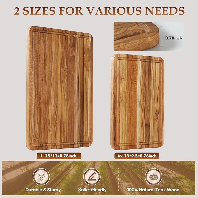 2 Pack Teak Cutting Board Set for Kitchen Wood Charcuterie Board Wooden Cutting Boards Non Toxic Heavy Duty Slip Over Sink Solid Thick Chopping Board