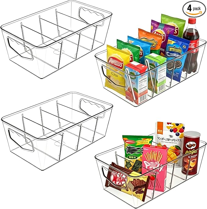 SPACELEAD 4 Pack Clear Drawer Organizers with Dividers, Plastic Bins | Ideal for bathroom vanity makeup storage or kitchen snack sorting. Say goodbye to messy drawers instantly with these trays.
