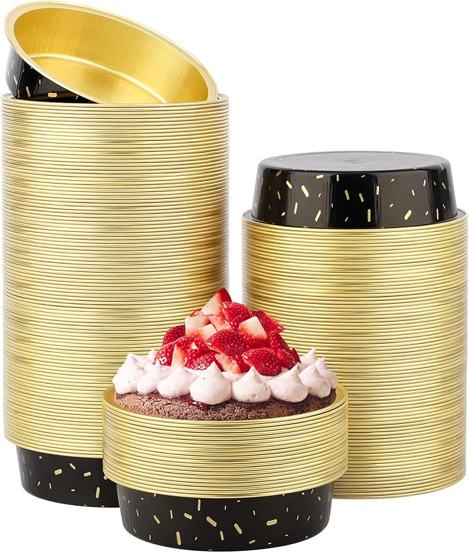 Beasea Disposable Baking Cups, 200 Pack 7.3oz 215ml Aluminum Ramekins Foil Baking Cups 4" Cupcake Aluminum Mini Baking Cups No Lids for Party - Gold/in Black