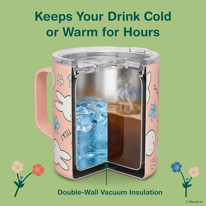 Dragon Glassware | Miffy Stainless Steel Camp Mug with Lid, 12 oz - Pink | Nijntje Insulated Camping Mug For Coffee, Tea, Matcha & Hot Beverages; Miff Mug with Lid