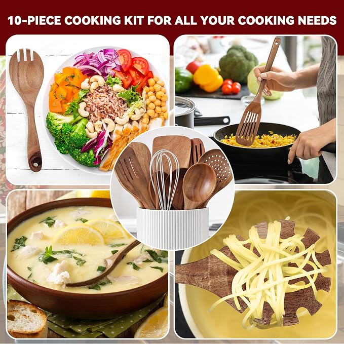 SiliFine 11 Pcs White Wooden Kitchen Utensils Set with 360° Ceramics Rotating Holder Acacia Wood Cooking Utensils with Cooking Spoons Spatulas Nonstick Cookware Countertop(White)