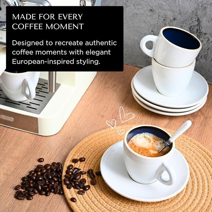 Bacimi® Cappuccino Cups and Saucers Set of 4 – 8.7oz Thick Barista Style Stoneware Cups - Blue Glaze Classic Italian Design - Ceramic Cups For Cappuccino, Latte, Tea – Dishwasher & Microwave Safe