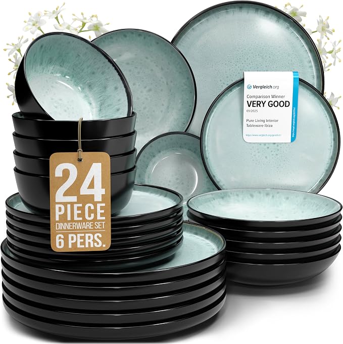 24 Piece Stoneware Dinnerware Set for 6 - Handmade Reactive Glaze Plates and Bowls Set - Chip & Scratch Resistant Dish Set - Dishwasher Microwave Safe - Dark Sage Green