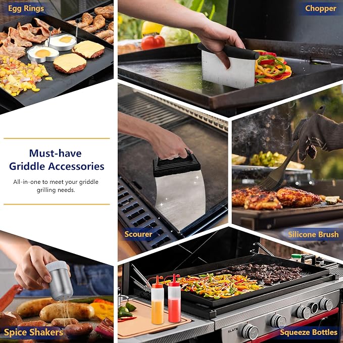 Joyfair 18Pcs Griddle Accessories Kit for Blackstone, (ABS Handles) | Flattop Grilling Accessory Set With Smash Burger Press, Stainless Steel Spatula Tool, Basting Cover For Outdoor BBQ Cooking