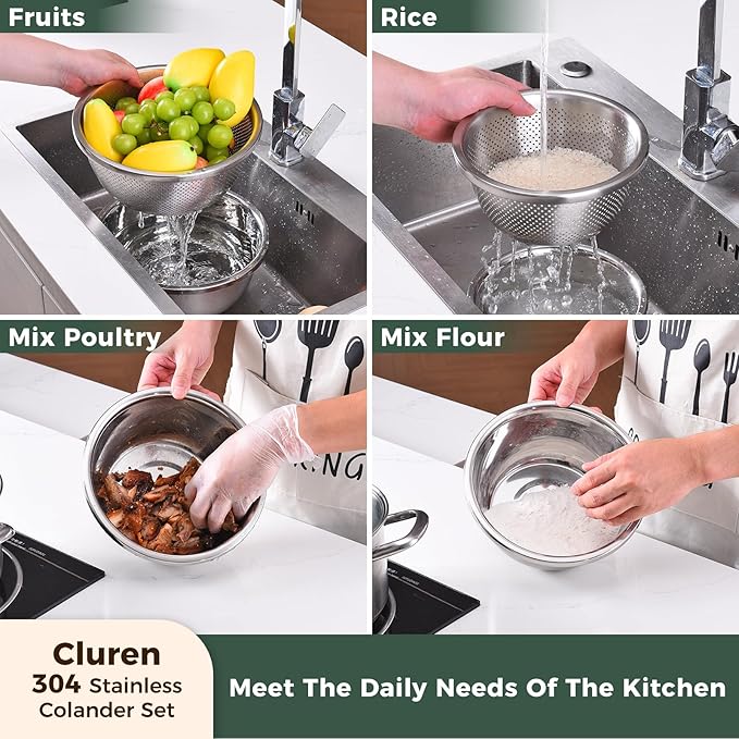 Colander and Bowl Set 3.1QT (2-in-1) - Thickened 304 Stainless Steel Kitchen Strainer Bowl for Fruit, Pasta, Vegetables, Rice - Heavy Duty, Induction Cooker & Dishwasher Safe