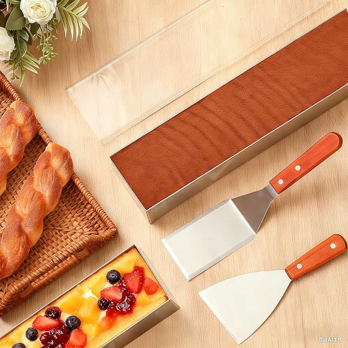Blushtier 1 Pc Nonstick Rectangle Tiramisu Cake Pan with Acrylic Lid and 2 Metal Spatula Removable Frame 304 Stainless Steel Cake Baking Molds for Tiramisu Cheesecake Mousse (15.75x3.94x2.56 Inch)