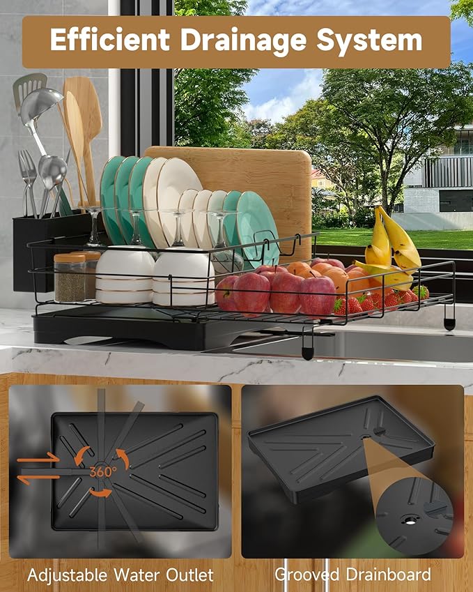 Dish Drying Rack Expandable Rack for Kitchen Counter, Carbon Steel Dish Racks Rust-Proof Large Capacity Dish Drainer with Utensil Holder, Space Saving for Bowls, Plates & Cups, Black