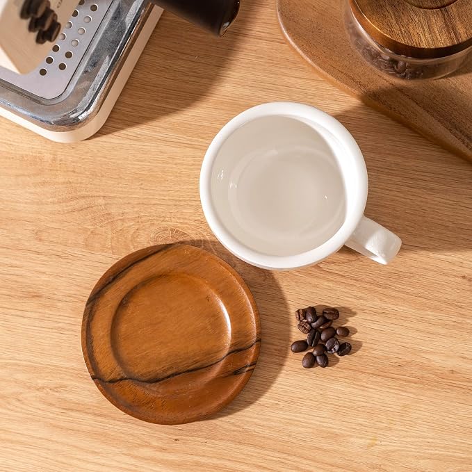 Crackle Glaze Ceramic Coffee Cup with Walnut Wood Saucer, 10oz White Latte Cappuccino Mug, Unique Handmade Cracked Exterior Glaze Espresso Coffee Mug Set for Home Café Office Cup and Saucer Set of 1
