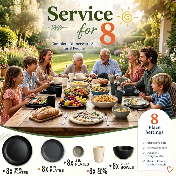 Wrova 40-Piece Kitchen Plates and Bowls Sets- Wheat Straw Dinnerware Sets for 8- Unbreakable Plates Bowls and Cups Set, Side Dishes- Microwave & Dishwasher Safe Dishware Sets - Black & Gray