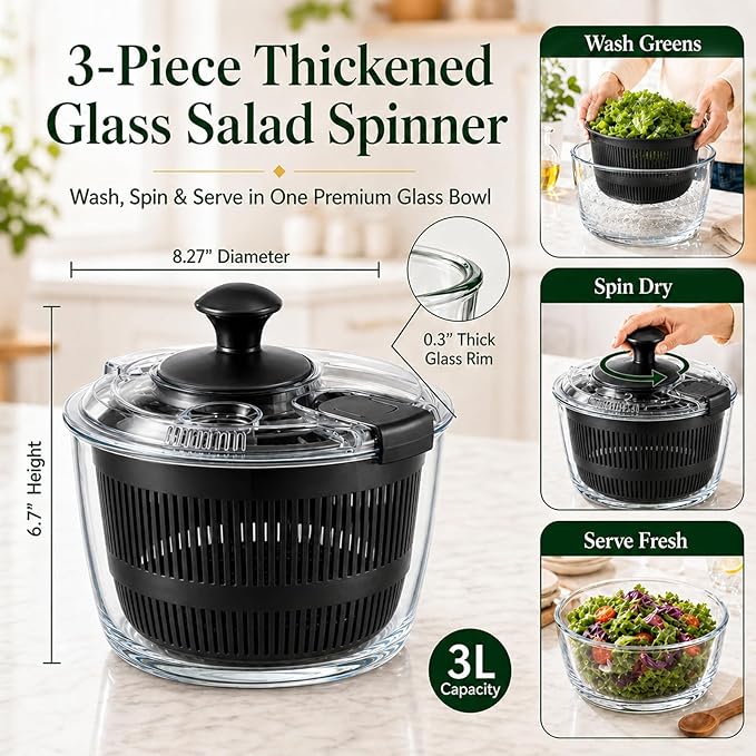 Good Girps 3.2 Qt Glass Salad Spinner Small Vegetable Dryer with Drain Microwave Safe Dishwasher Safe with Transparent Lid Crank Handle Quick Spin Greens Washer for Lettuce Herbs Fruits