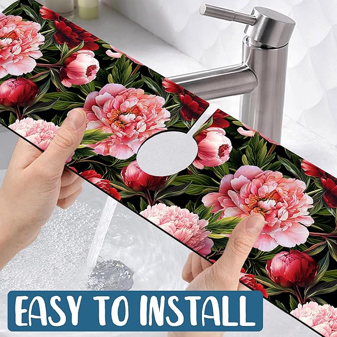 Blooming Peony Sink Splash Guard Pink Peony Flowers Faucet Absorbing Mat Fast Drying Mat Sink Gadgets Splash Guard Behind Faucet Drip Catcher for Kitchen Bathroom, 23.5"x5.5"