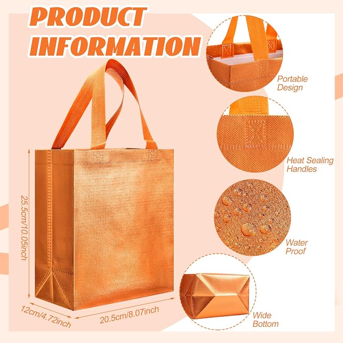 Eccliy Reusable Gift Bags Set Glossy Grocery Gift Tote Bag with Handle for Wedding, Bridal Shower, 4th of July, Summer Event(10 x 8 x 4.7 Inch,Orange,80 Pcs)
