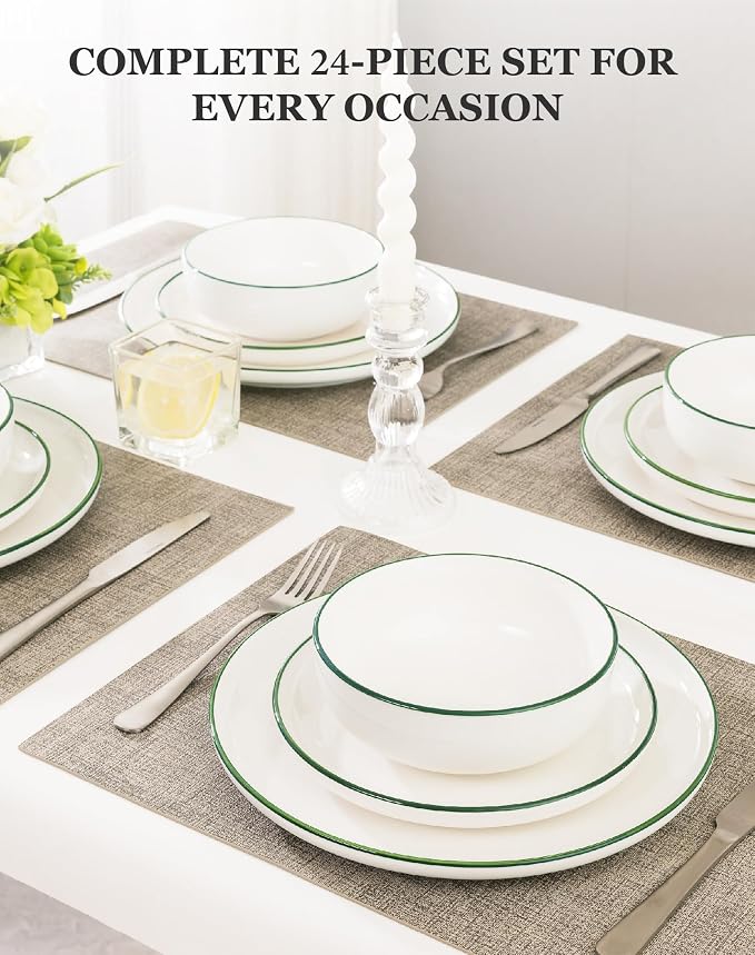 OTAGO 24-Piece Porcelain Dinnerware Set for 6 with Mugs, White Stoneware Plates and Bowls Sets, Ceramic Dish Set for Kitchen, Dinner & Dining, Green Rim, Microwave & Dishwasher Safe