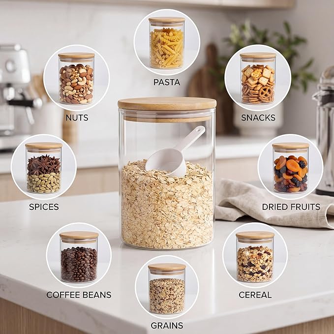 Glass Storage Jars Set Elegant Containers with Airtight Bamboo Lids, Perfect for Kitchen Organization - Flour, Rice, Pasta, Sugar, Coffee Beans, Accessories Included (2 packs(111oz))