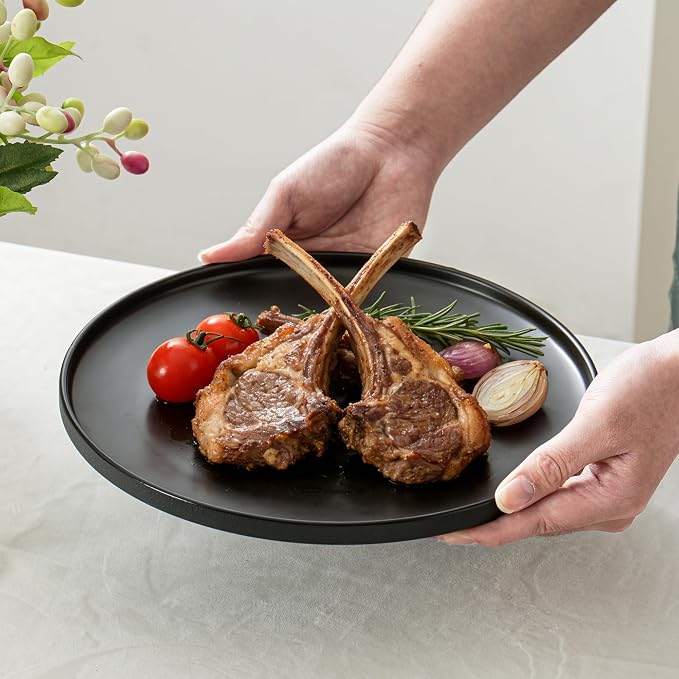 Ceramic Dinner Plates, 10.25 Inch, Set for 4, Modern Black | Flat Dish Design, Microwave & Dishwasher Safe, Perfect for Family and Entertaining, For Steak, Sandwiches, Pizza, Pasta