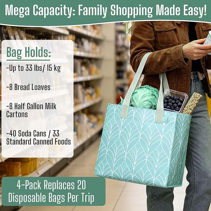 VENO 4 Pack Reusable Grocery Shopping Bags, Heavy-Duty Tote Bags with Handles, for Shopping Cart with Hard Bottom to Stand Upright, Foldable (Evergreen, 4 Pack)