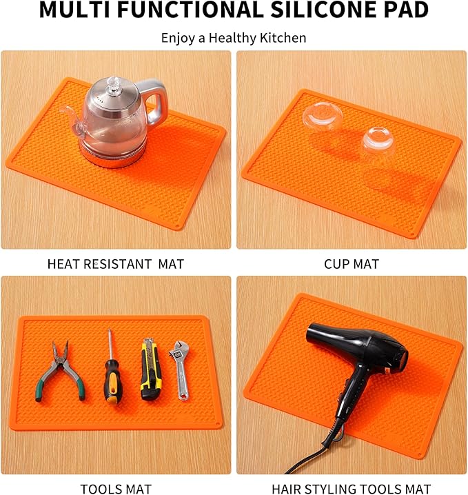 Silicone Drying Mat & Heat Resistant Mat for Kitchen Counter, Non-Slip Dishwasher Safe, Raised Edge for Dishes Bottles Sink (15.35x11.61in, Orange)