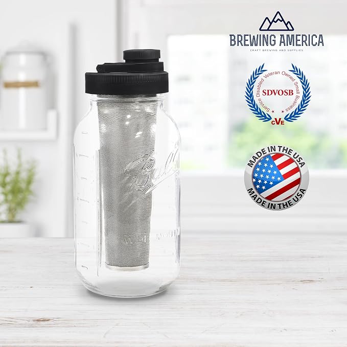 Brewing America Mason Jar Cold Brew Coffee Maker Infuser: Made in USA Wide Mouth Mason Jar with Screw Top Pour and Drinking Lid, Stainless Steel Filter - Coffee, Tea, Alcohol - 2 Quart 64 oz Black Lid