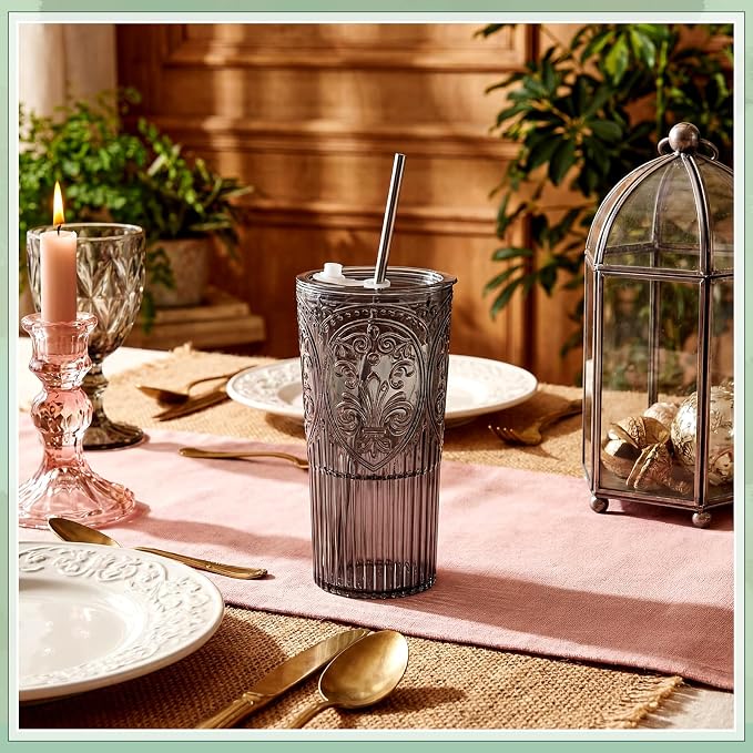 2 Set 20oz Vintage Plastic Tumbler with Lids and Straws Ribbed Floral Drinking Glasses Reusable Iced Coffee Cups for Water Juice Smoothie Cocktail Travel Party Events Gift (Black)