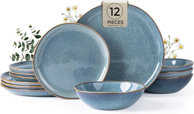 AmorArc Ceramic Dinnerware Sets,Handmade Reactive Glaze Stoneware Plates and Bowls Sets,Highly Scratch Resistant | Dishwasher & Microwave Safe Dishes Set,Service for 4 (12pc)