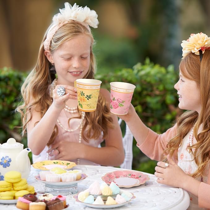 Kochorie 120 Pcs Floral Paper Tea Cups and Saucers 9 Oz Disposable Teacups Bulk with Handle 4 Styles Flower Tea Party Decorations for Birthday Wedding Garden Party Baby Shower Serve 60 Guests