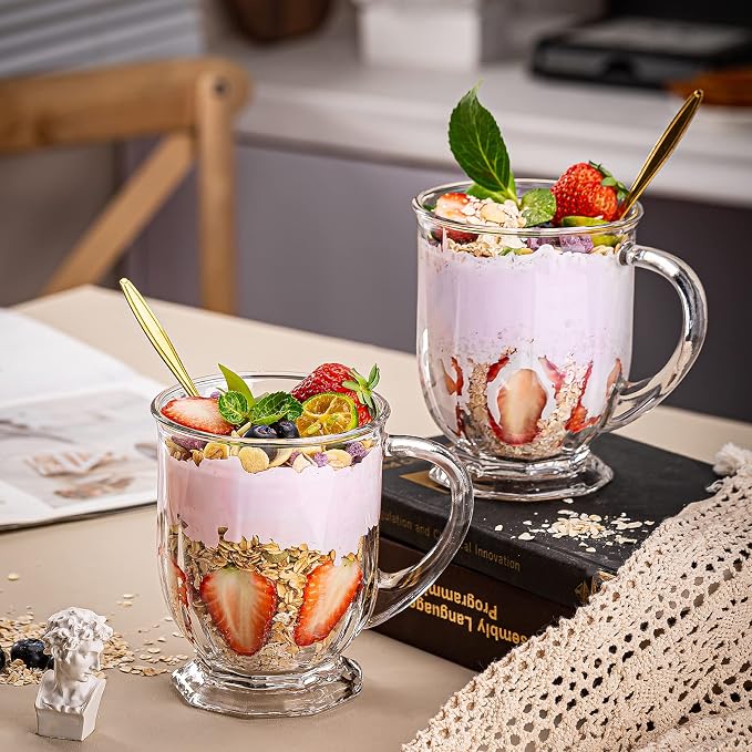 Glass Coffee Mugs Set of 2, 22 oz Large Capacity Glass Mugs with Handles, Clear Coffee Mug with 2 Spoons, Ideal for Latte, Espresso, Juice, Tea