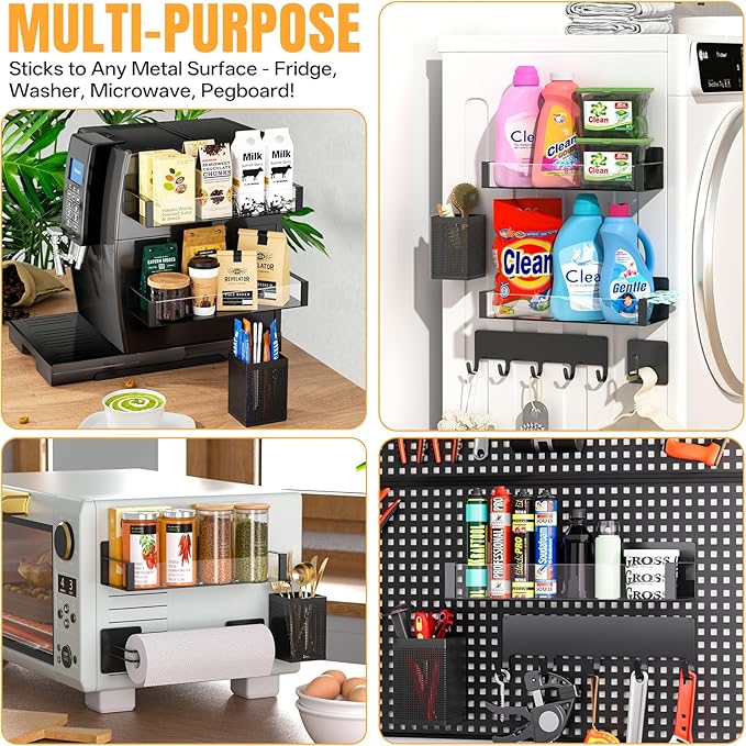 DTUQYX Magnetic Spice Rack for Refrigerator, 8 Pack Clear Plastic Front Metal Magnetic Shelves with Magnet Hooks Rack, Utensil Caddy & Adjustable Paper Towel Holder, No Drill Kitchen Storage Organizer